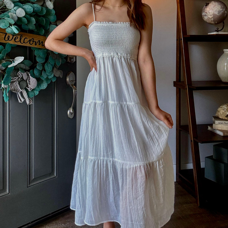 Here An There Midi Dress With Smocked Bodice White