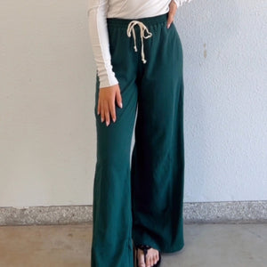 Hazel Waffle Knit Drawstring Waistband Bottoms Dark Green