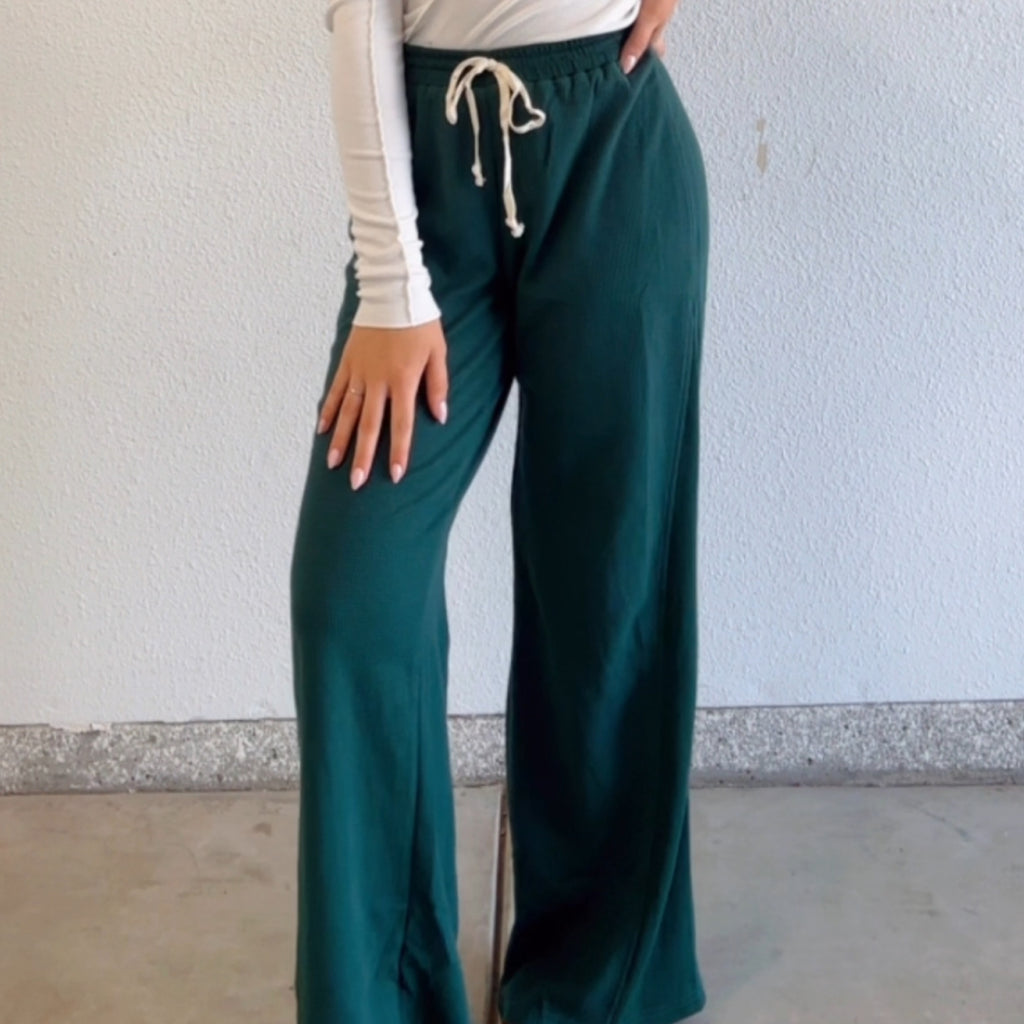 Hazel Waffle Knit Drawstring Waistband Bottoms Dark Green