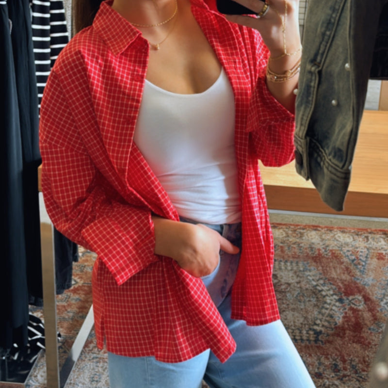One Day At A Time Button Down Top Red