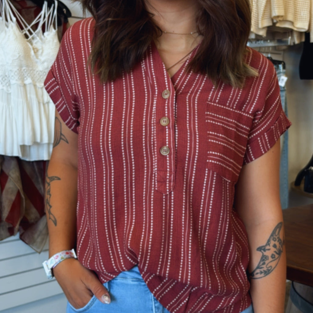 Enough For Me Stipe Half Button Down Top Burgundy