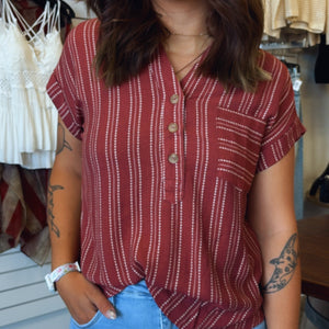 Enough For Me Stipe Half Button Down Top Burgundy