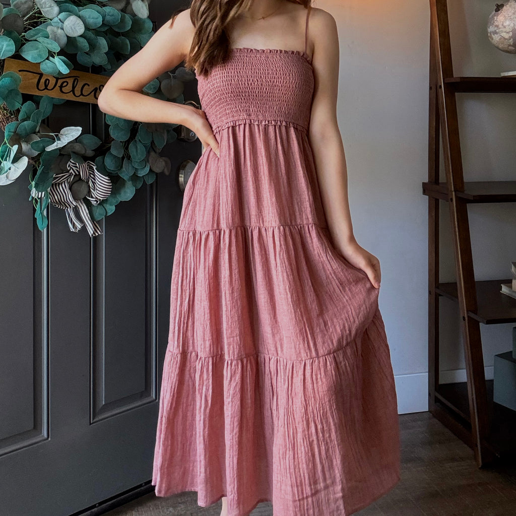 Here An There Midi Dress With Smocked Bodice Apricot