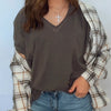 Charcoal Washed Raw Edge V Neck Short Sleeve Tee
