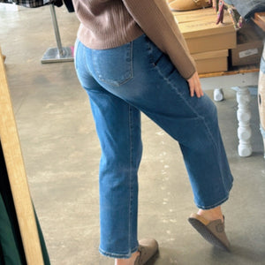 Risen Tummy Control Elastic Band Mid Rise Crop Wide Dark Wash