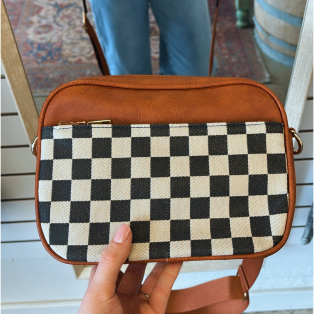 Vegan leather Checkered Print Cross Body Bag Brown