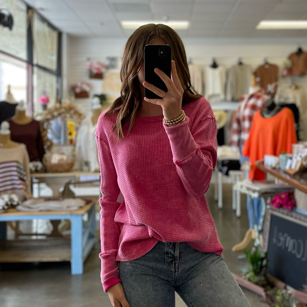 Sweet One Washed Waffle Knit Long Sleeve Top Pink