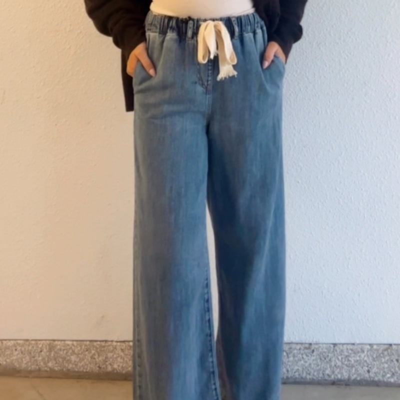 Just Me Wide Leg Drawstring Denim Pants
