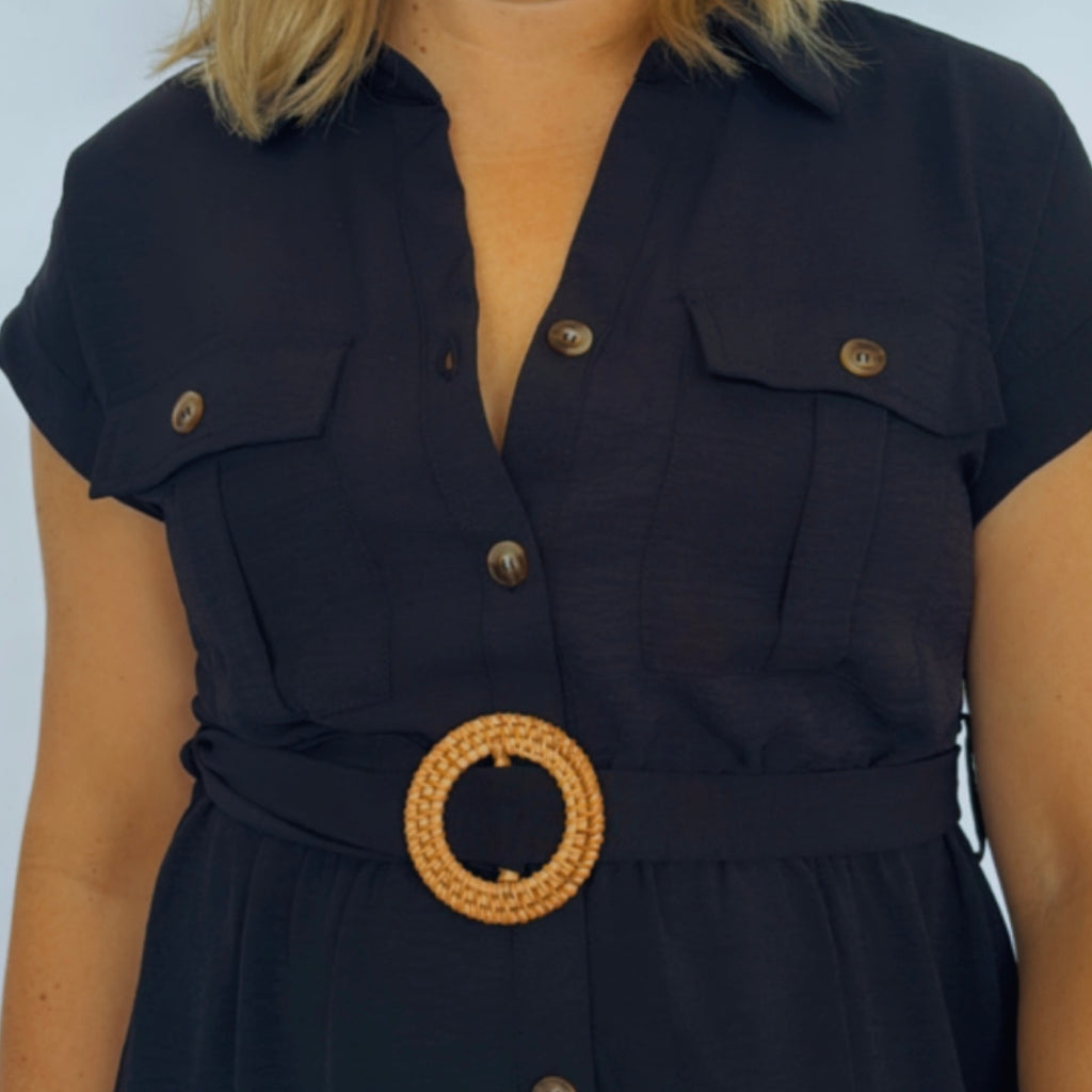 Just Us Collared Button Down Midi Dress With Belt