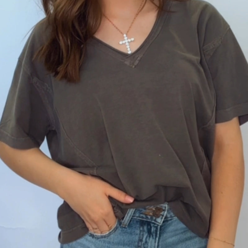 Charcoal Washed Raw Edge V Neck Short Sleeve Tee