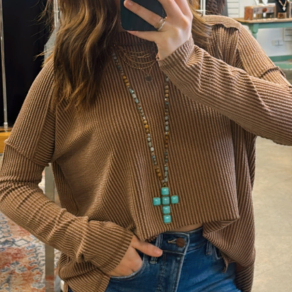 Ribbed Knit Round Neck Long Sleeve Top Brown