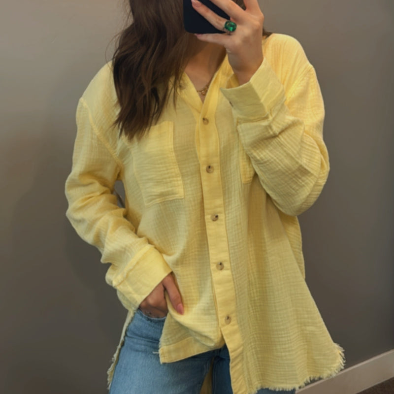 Vacay Mode On Linen Button Down Top Yellow