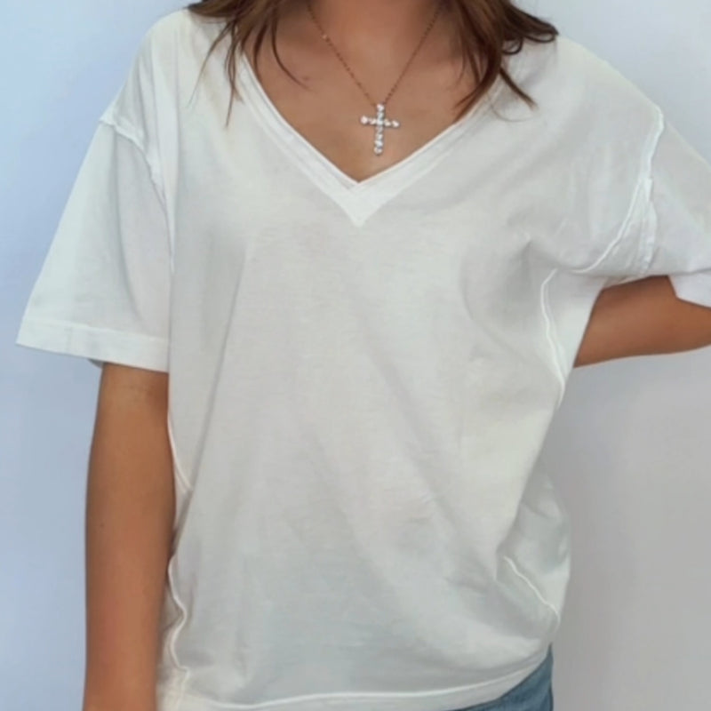 White Washed Raw Edge V Neck Short Sleeve Tee