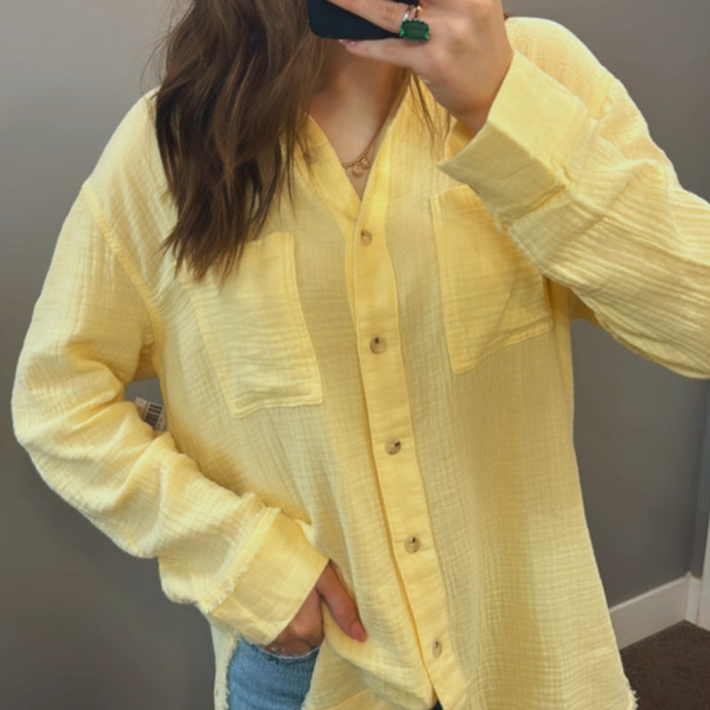 Vacay Mode On Linen Button Down Top Yellow