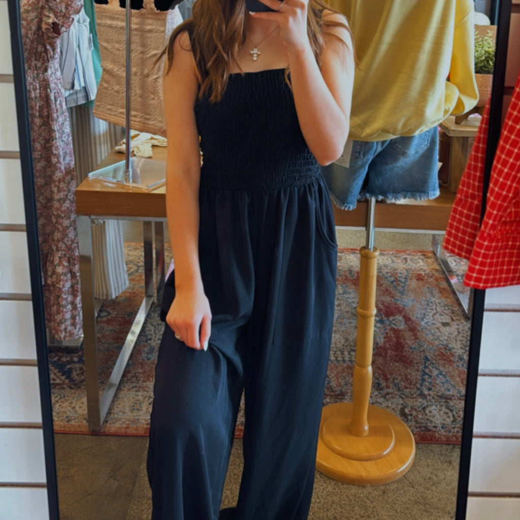 Weekend Plans Smocked Top Jumpsuit Black