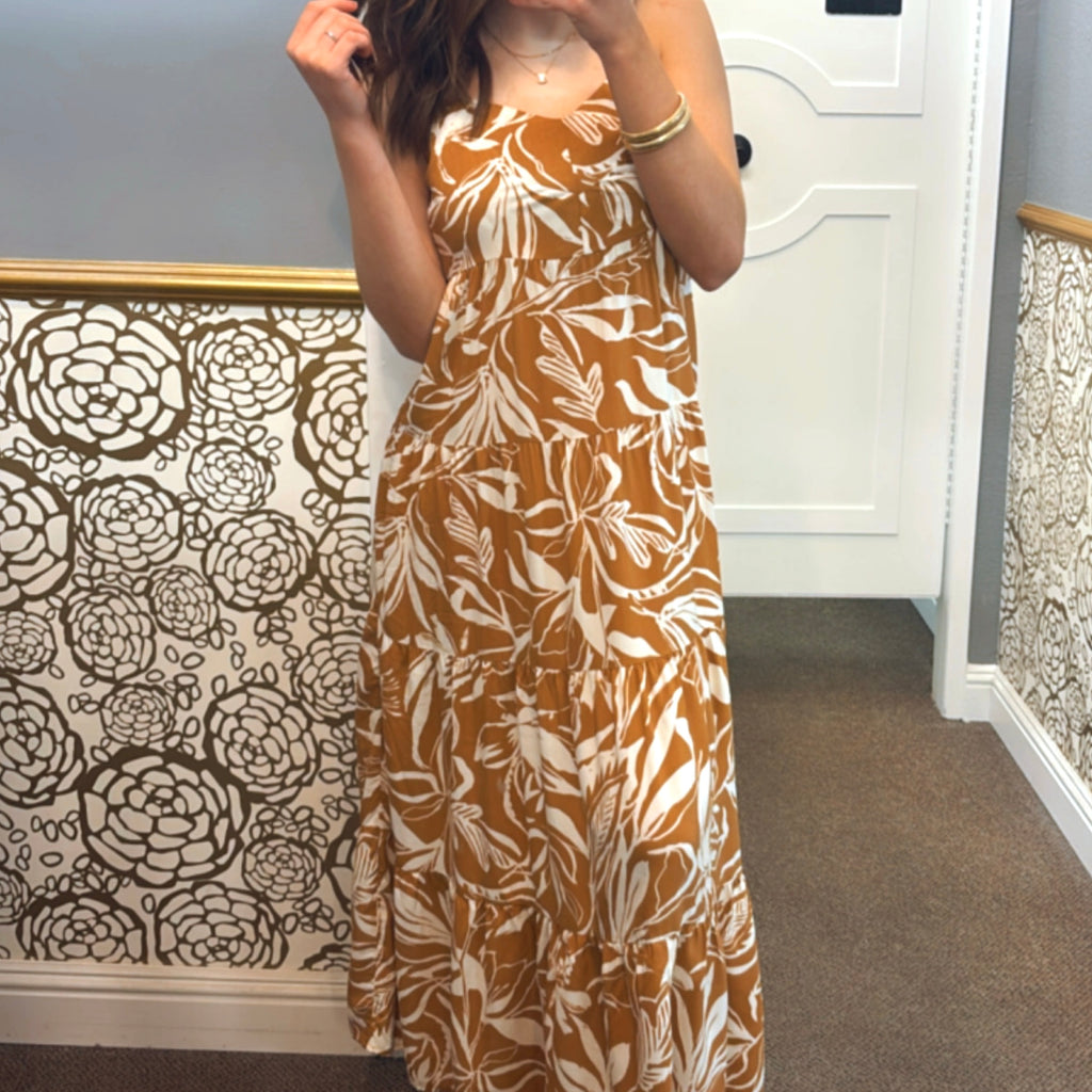 Tropical Escape Tropical Print Midi  Dress With Tie Back Detail