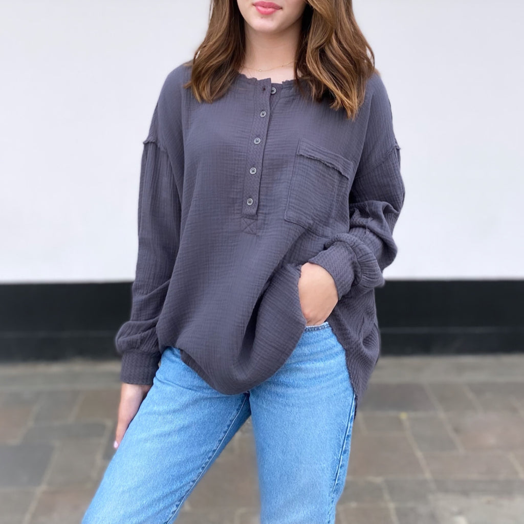 The Cliffs Oversized Henley Top Ash Grey