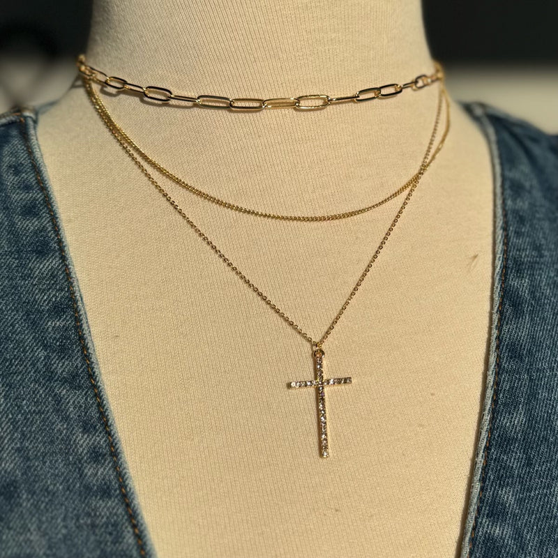Cross Charm Layered Necklace Gold