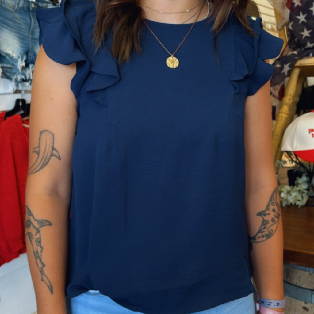 All Mine Ruffle Sleeve Airflow Top Navy