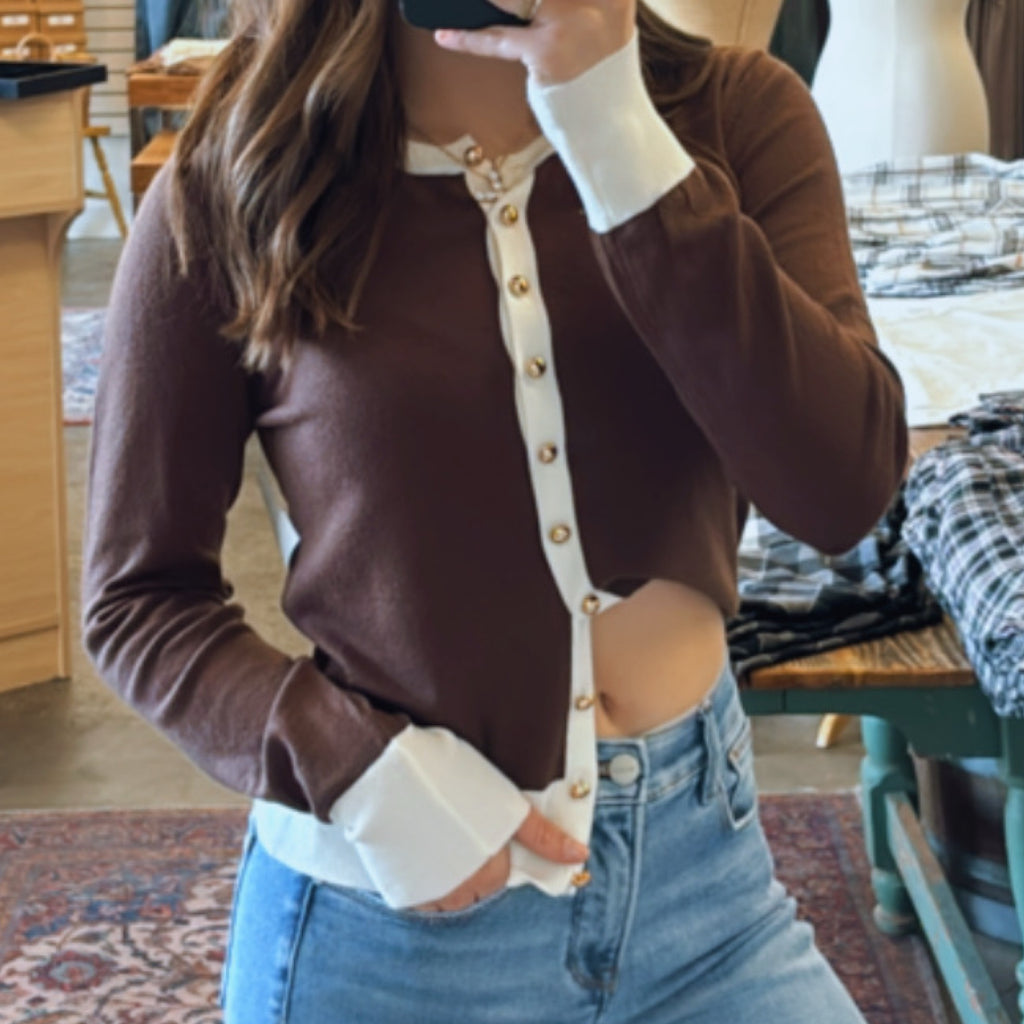 Harper Lightweight Button Front Sweater Brown