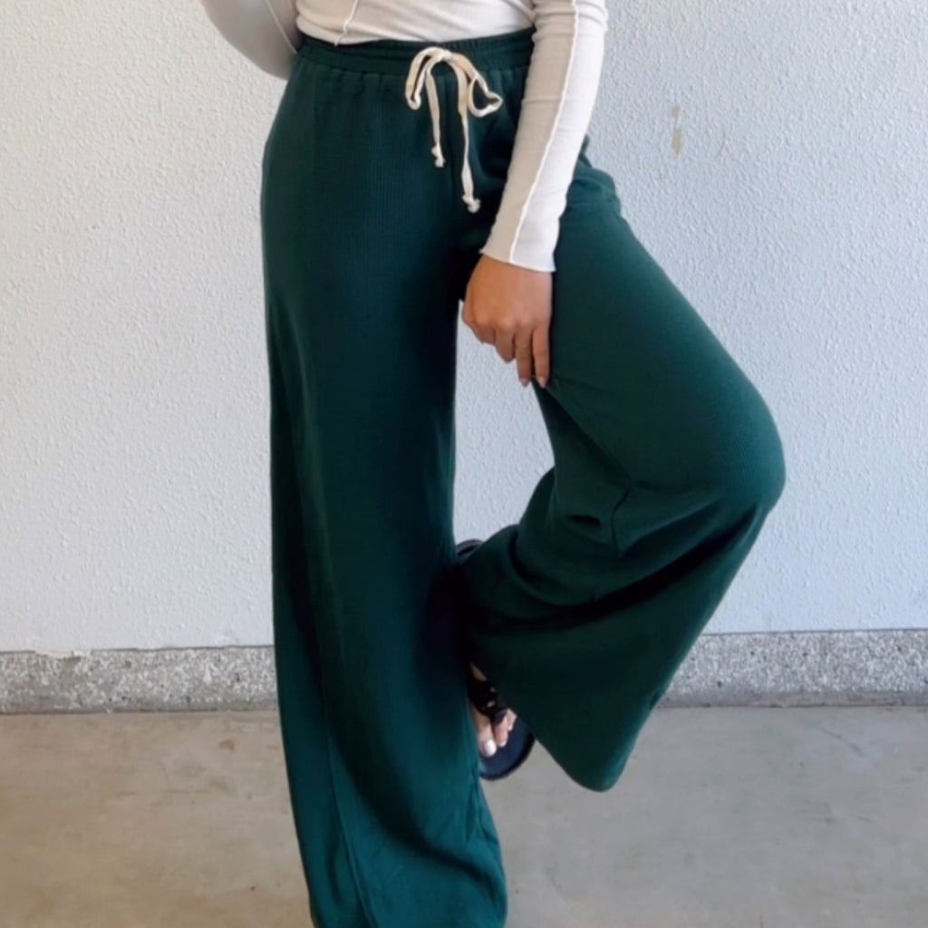 Hazel Waffle Knit Drawstring Waistband Bottoms Dark Green