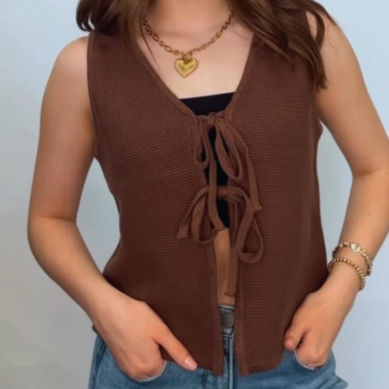 Special Day Tie Front Sweater Vest Brown