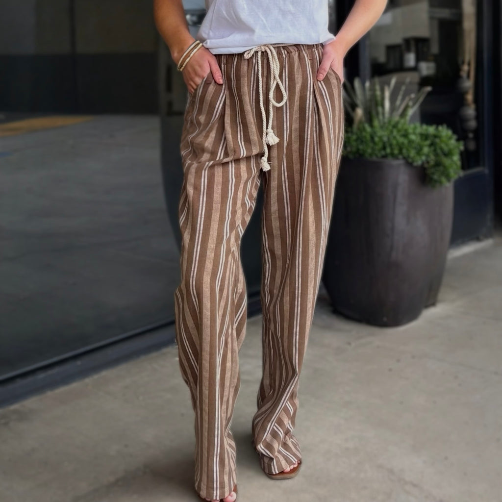 Coral Cove Rope Belted Stipe Linen Pants