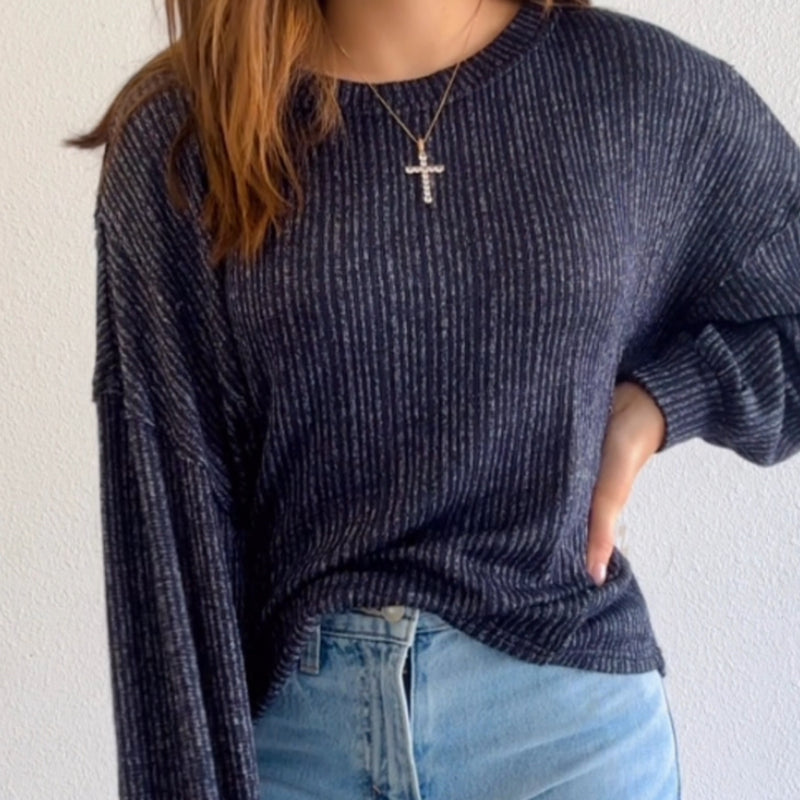 Kinna Long Sleeve Ribbed Knit Top Navy