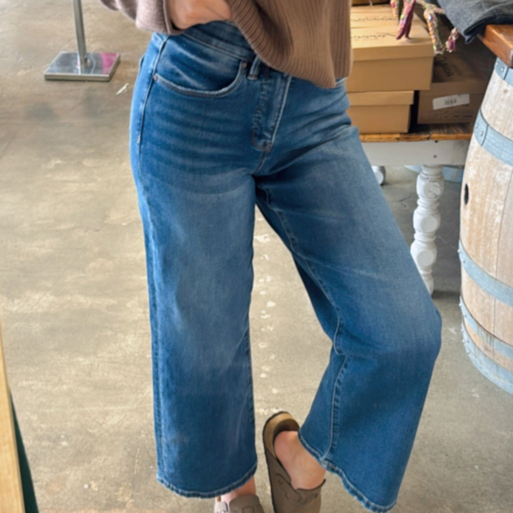Risen Tummy Control Elastic Band Mid Rise Crop Wide Dark Wash