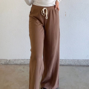 Hazel Waffle Knit Drawstring Waistband Bottoms Mocha