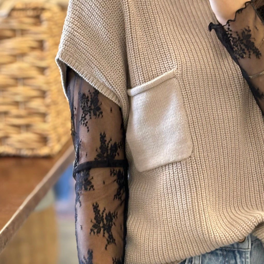 Mock Neck Short Sleeve Sweater Tan