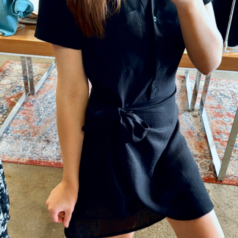 Off To Brunch Linen Side Tie Mini Dress