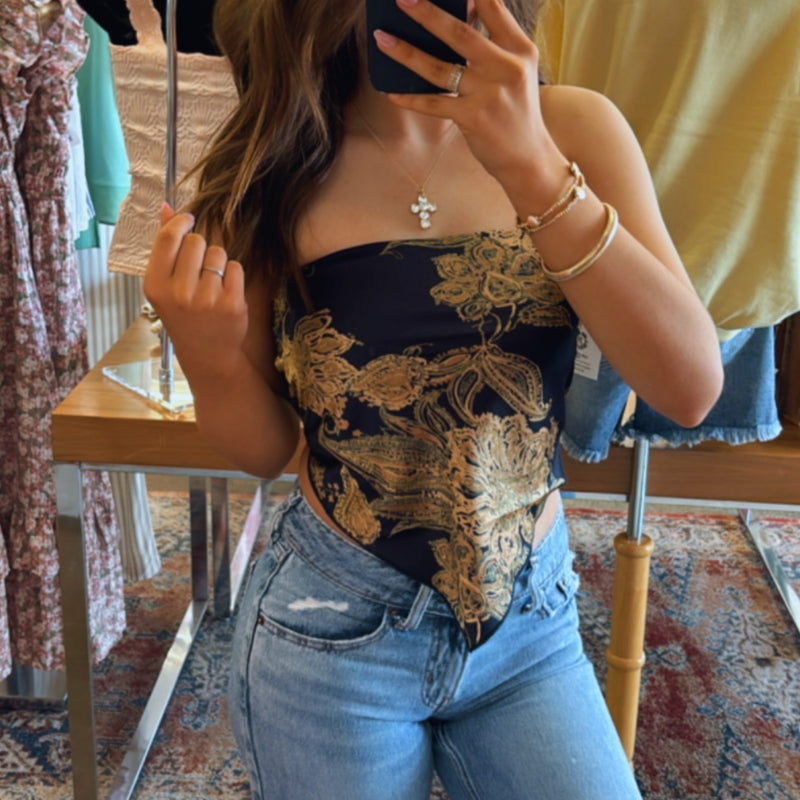 Paisley Satin Bandana Tube Top Navy