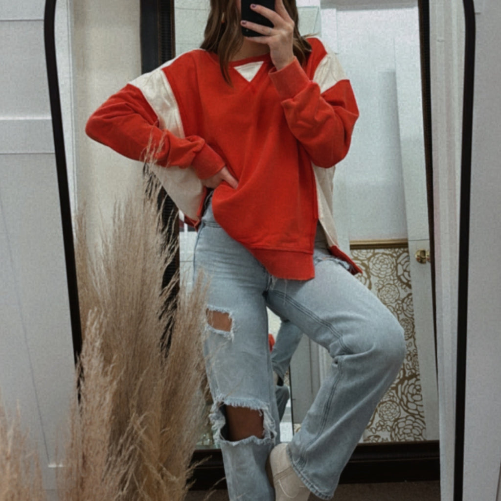 All About You Color Block Oversized Sweatshirt Red
