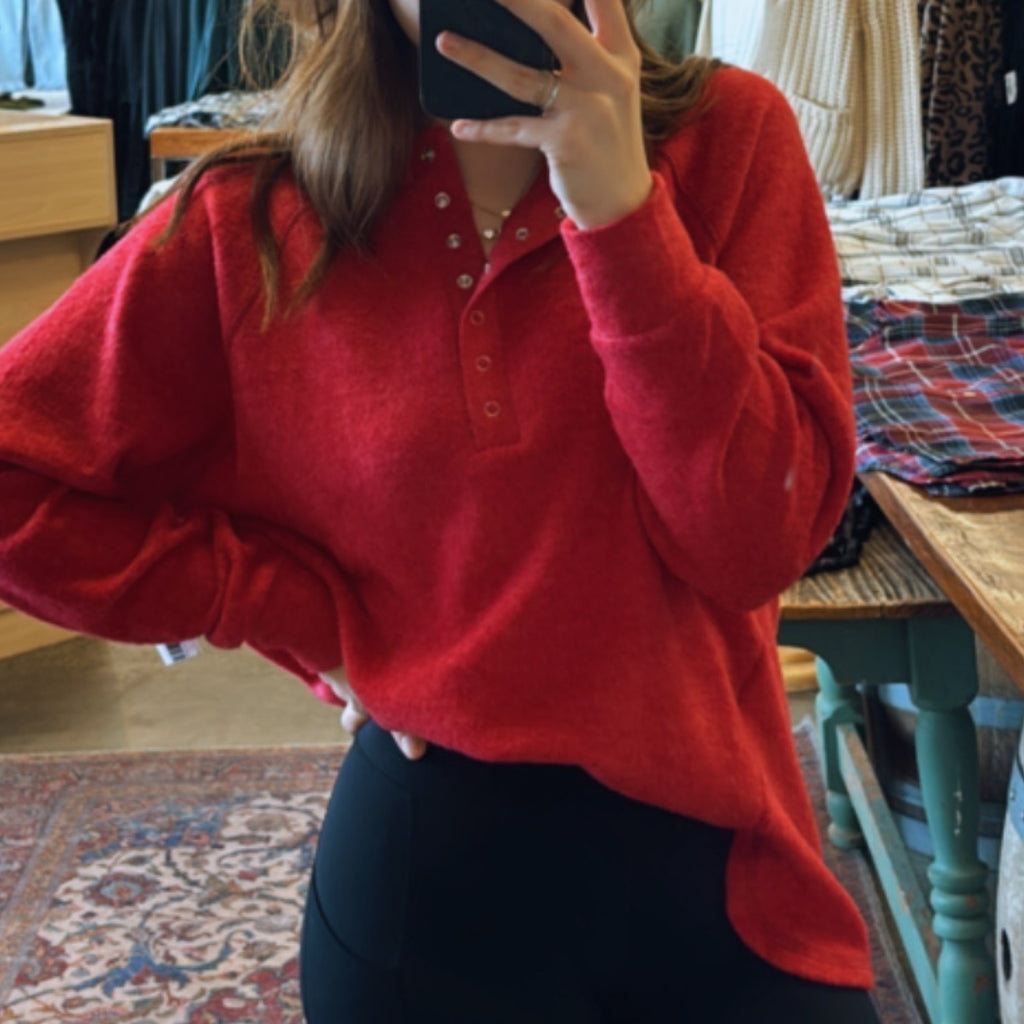 Diannah Brushed Knit Relaxed Henley Red