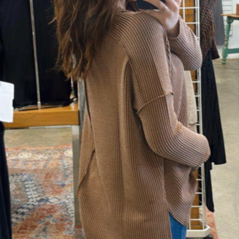 Ribbed Knit Round Neck Long Sleeve Top Brown