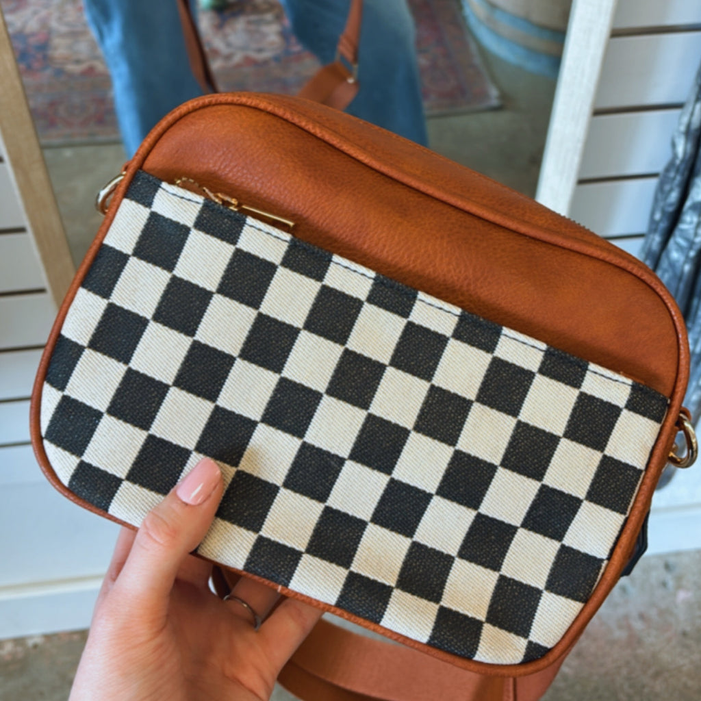 Vegan leather Checkered Print Cross Body Bag Brown