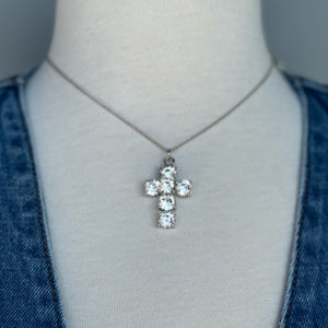 Cross Rhinestone Pendant Necklace & Studs Silver