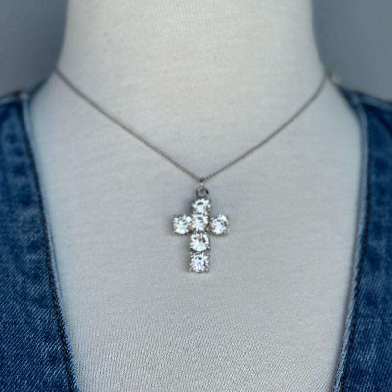 Cross Rhinestone Pendant Necklace & Studs Silver