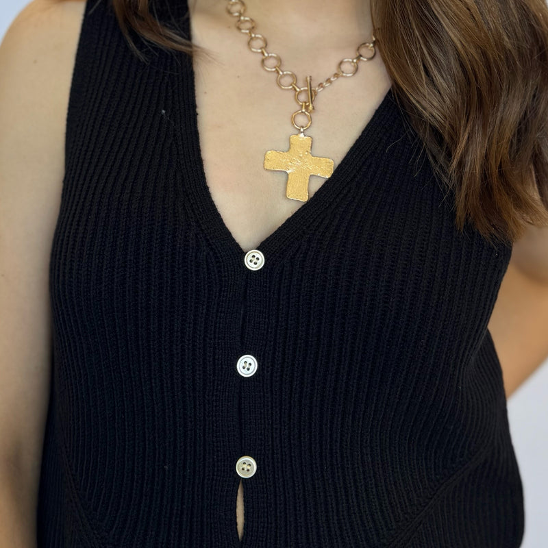 Payton Button Up Sweater Vest Black