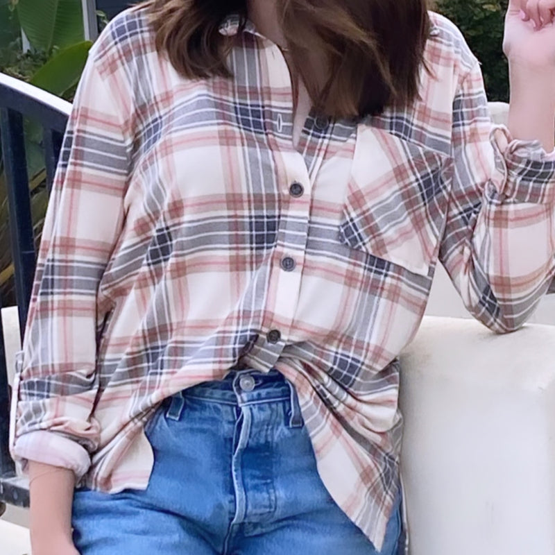 River Plaid Button Up Top Ivory