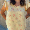 Floral Lights Scallop V Neck Satin Floral Short Sleeve Top