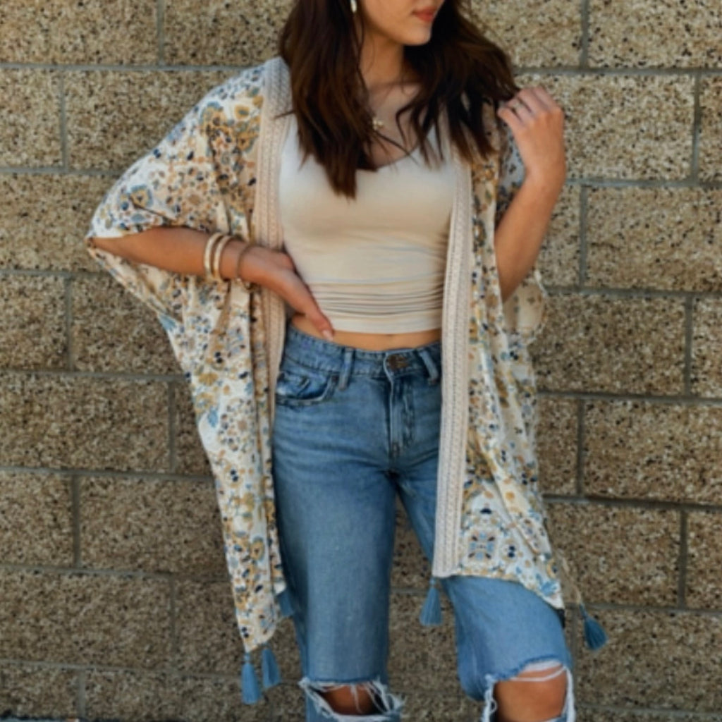 Fun In The Sun Crochet Trim Printed Kimono