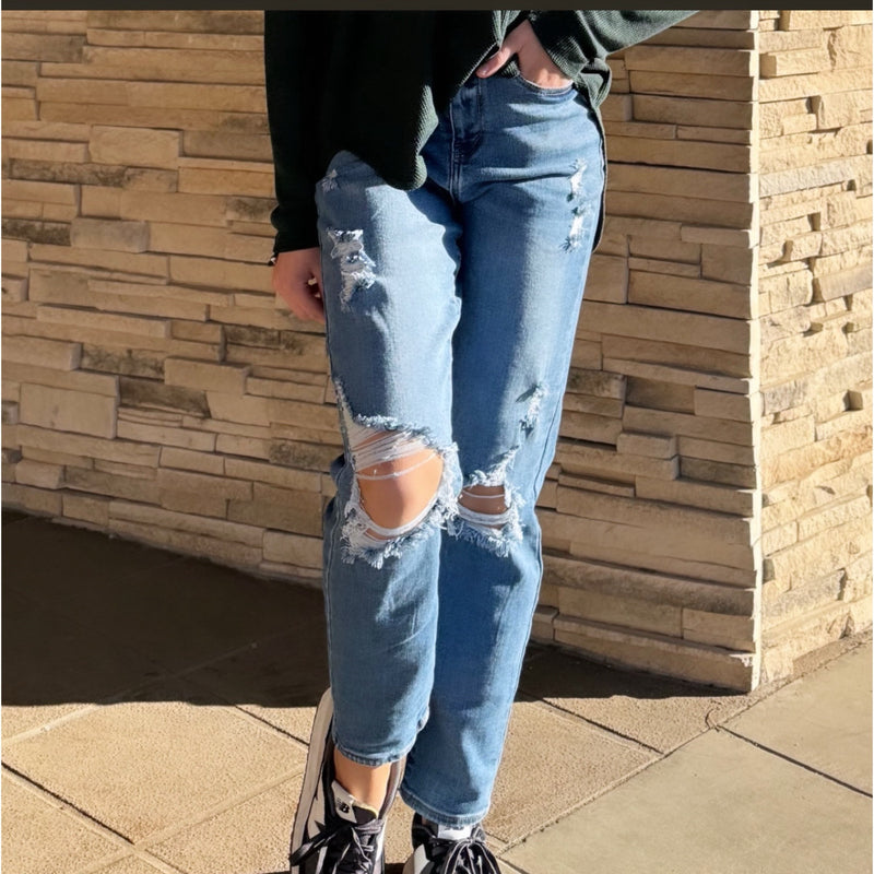 Mom Jeans With Distressed Knees
