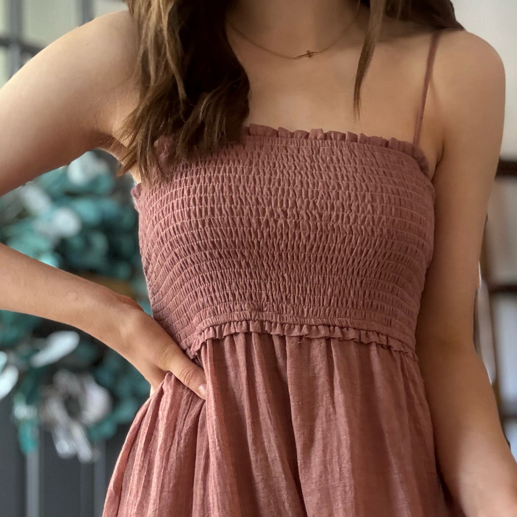 Here An There Midi Dress With Smocked Bodice Apricot