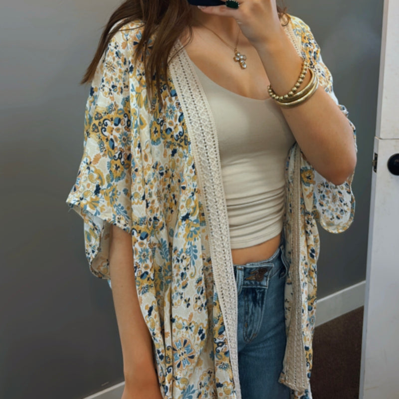 Fun In The Sun Crochet Trim Printed Kimono
