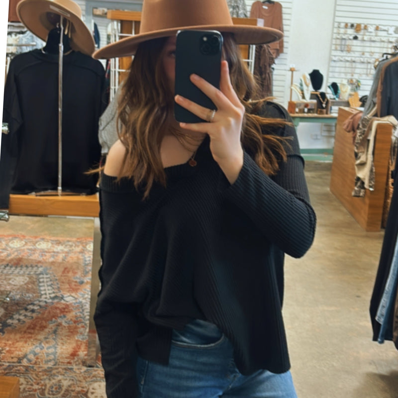 Ribbed Knit V Neck Long Sleeve Top