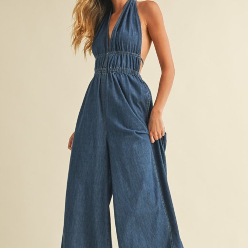 All Yours Halter Neck Denim Jumpsuit