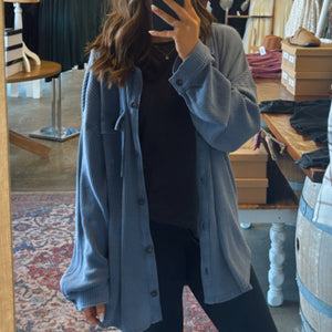 Roxlyn Oversized Acid Washed Waffle Knit Shacket Dusty Blue