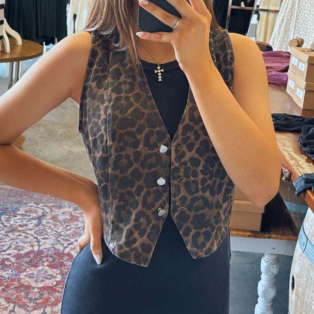Stay True Leopard Print Denim Vest